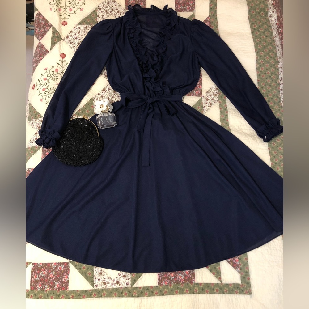Vintage 1970s navy blue ruffle dress